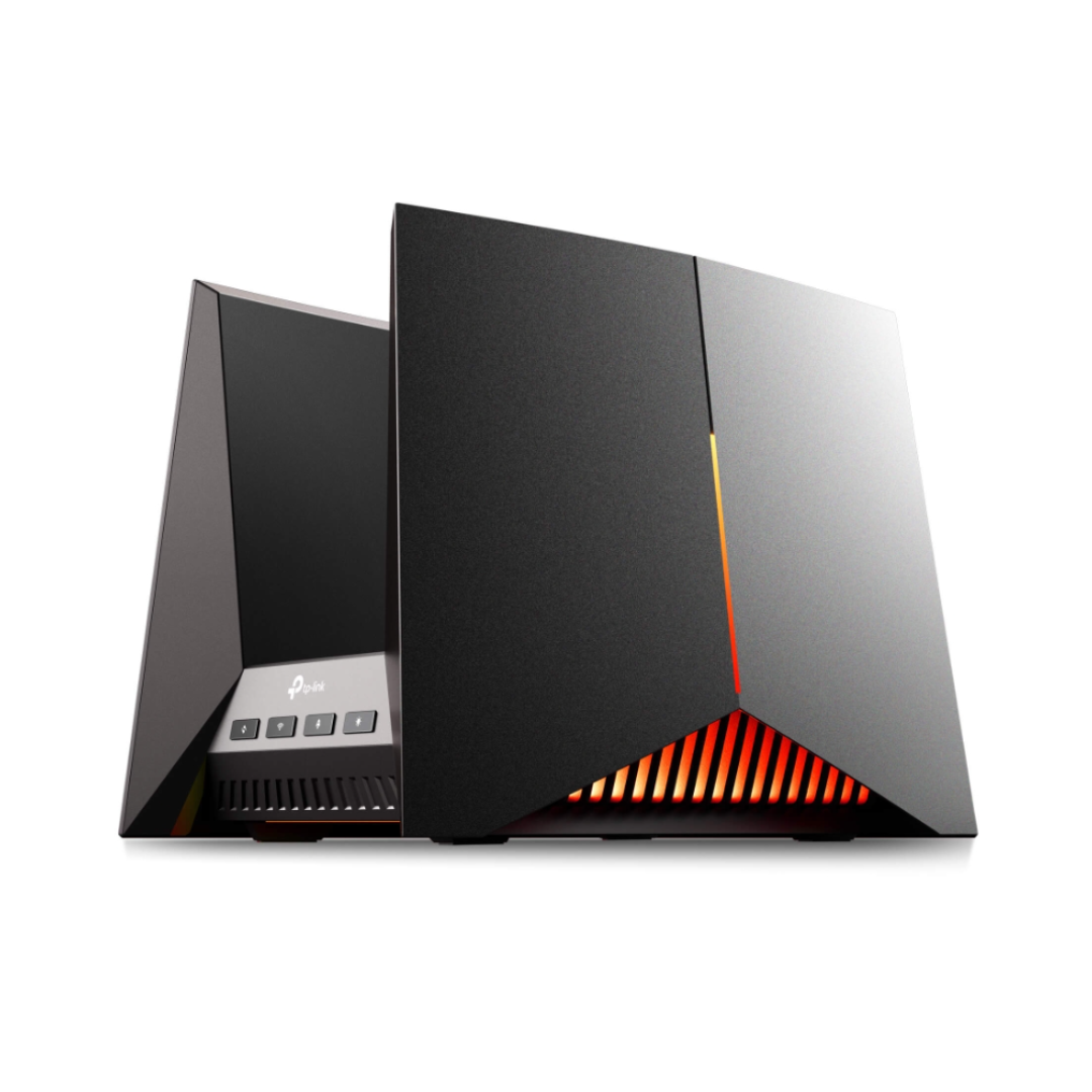Gaming computer tower with black and red design on a white background